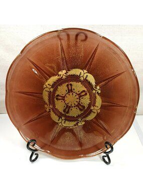 Georges Briard Gold Gilded Amber Glass Plate With Intricate Floral Design Vtg